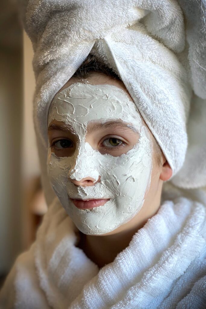person with white facial face pack